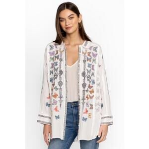 Johnny Was Talia White Embroidered Butterfly Button Down Blouse